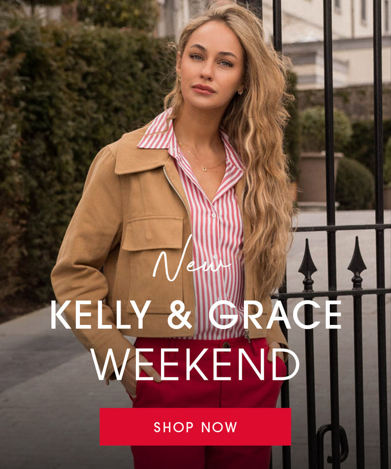 Woman in a stylish outfit with text promoting 'New KELLY & GRACE Weekend' and 'Shop Now'.