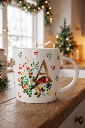Carraig Donn A Christmas Robin Leaf New Bone China Alphabet Mug