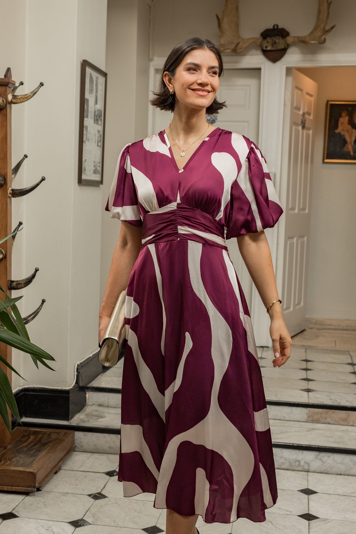 Alina Burgundy Print Satin Short Sleeve Midi Dress