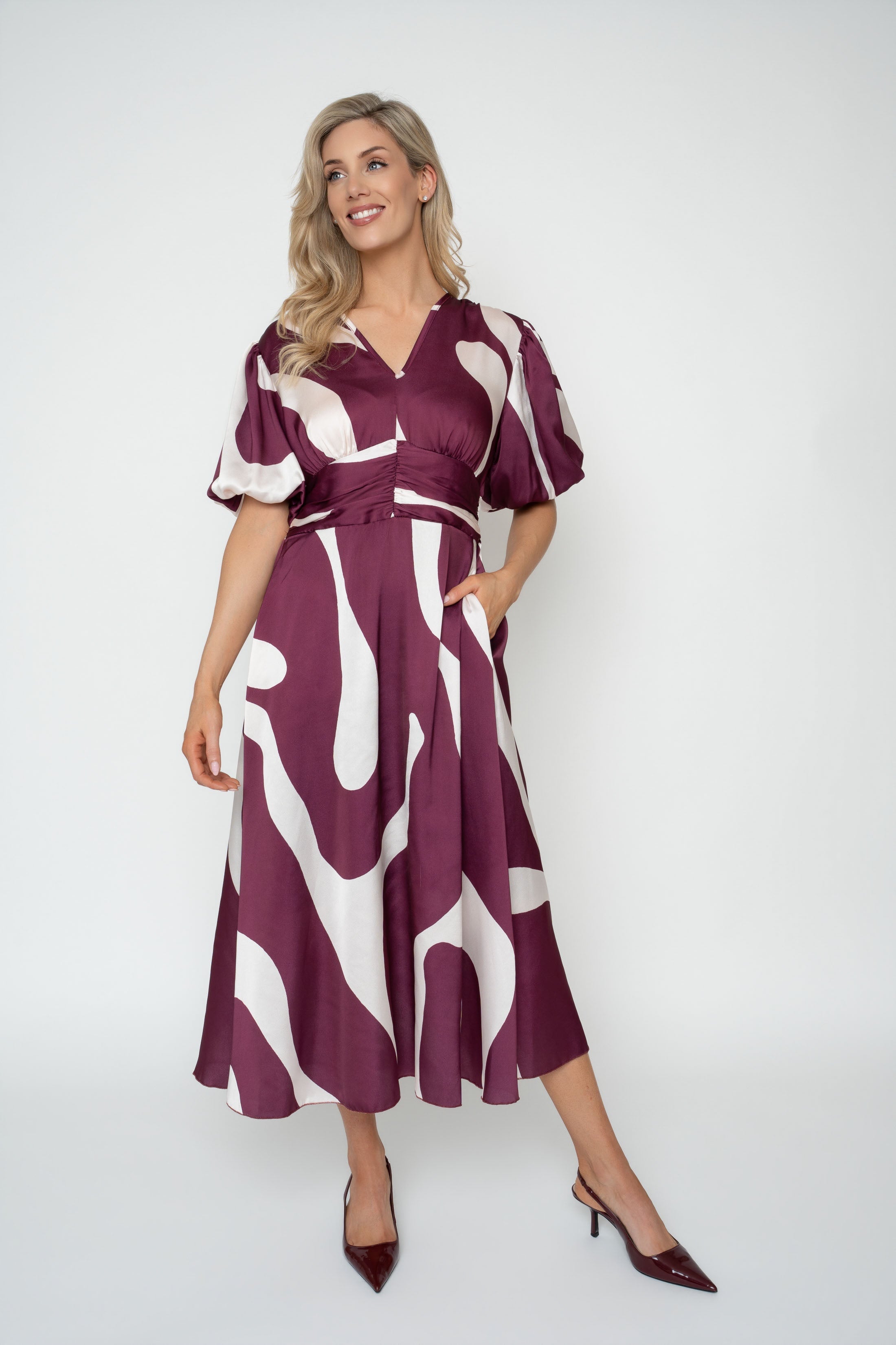 Alina Burgundy Print Satin Short Sleeve Midi Dress