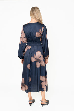 Carraig Donn Alina Navy Floral Print Sateen A-Line Long Sleeve Midi Dress