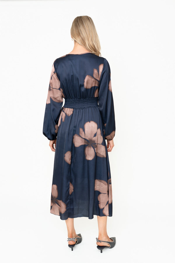 Carraig Donn Alina Navy Floral Print Sateen A-Line Long Sleeve Midi Dress