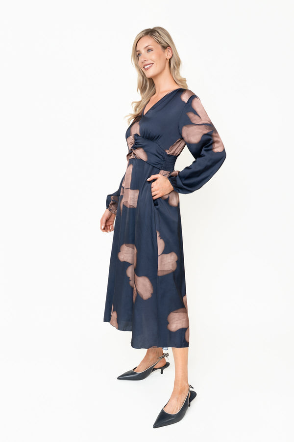 Carraig Donn Alina Navy Floral Print Sateen A-Line Long Sleeve Midi Dress