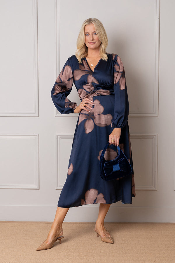 Carraig Donn Alina Navy Floral Print Sateen A-Line Long Sleeve Midi Dress