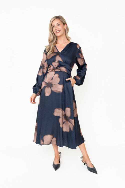 Alina Navy Floral Print Sateen A-Line Long Sleeve Midi Dress