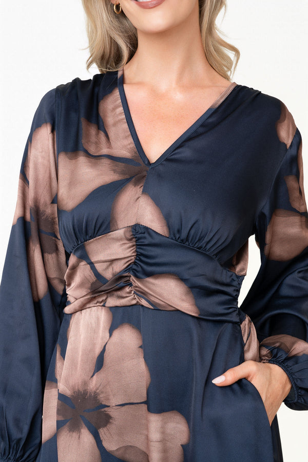 Carraig Donn Alina Navy Floral Print Sateen A-Line Long Sleeve Midi Dress