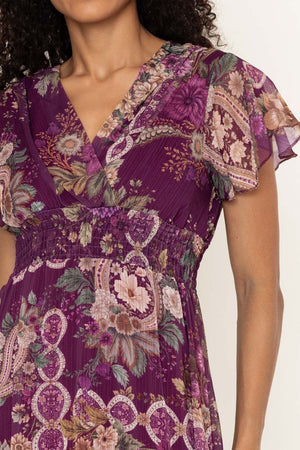 Carraig Donn Ameilia Purple Floral Print Chiffon V-Neck A-Line Midi Dress