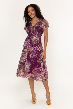 Carraig Donn Ameilia Purple Floral Print Chiffon V-Neck A-Line Midi Dress
