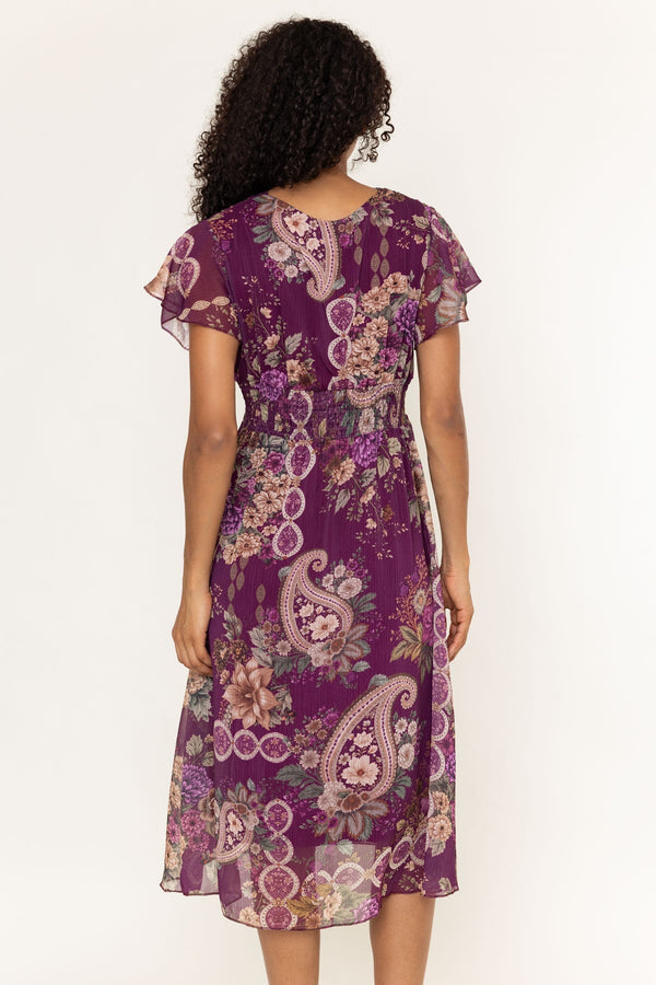 Carraig Donn Ameilia Purple Floral Print Chiffon V-Neck A-Line Midi Dress
