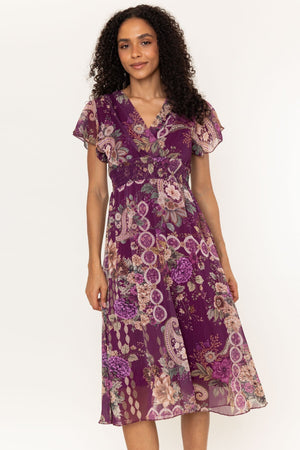 Carraig Donn Ameilia Purple Floral Print Chiffon V-Neck A-Line Midi Dress