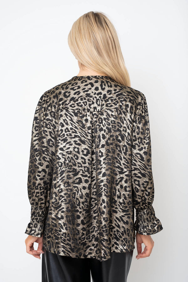Carraig Donn Animal Print Metallic Collarless Long Sleeve Top