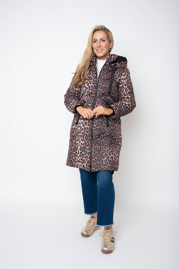 Carraig Donn Animal Print Puffer Hooded Zip Longline Jacket