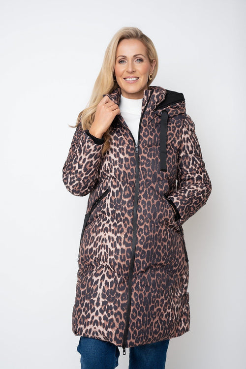 Animal Print Puffer Hooded Zip Longline Jacket