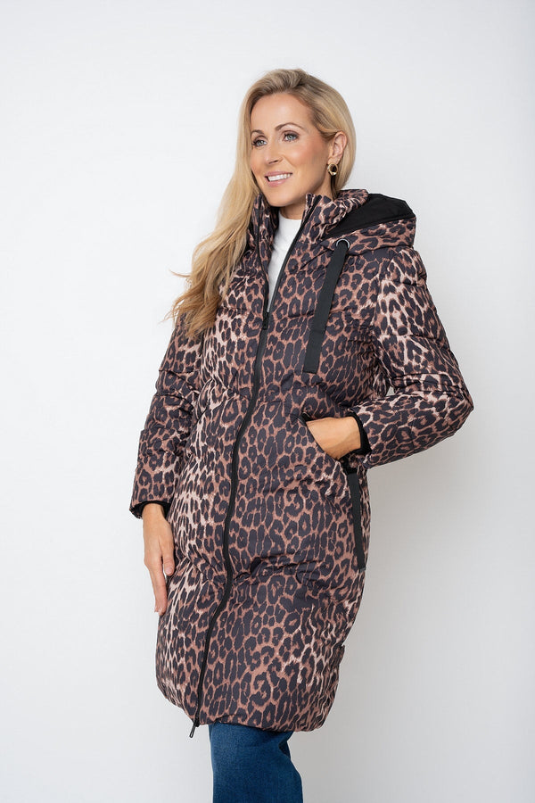 Carraig Donn Animal Print Puffer Hooded Zip Longline Jacket