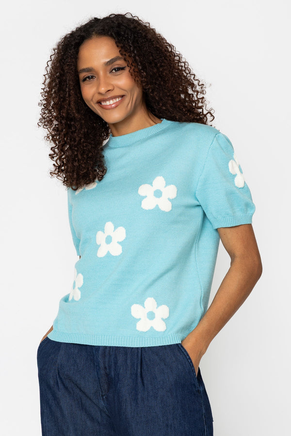 Carraig Donn Aqua Blue Floral Short Sleeve Knit