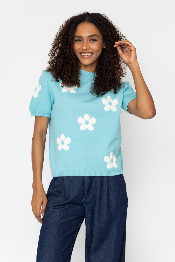 Carraig Donn Aqua Blue Floral Short Sleeve Knit