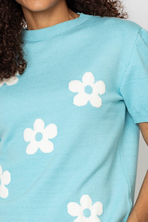Carraig Donn Aqua Blue Floral Short Sleeve Knit