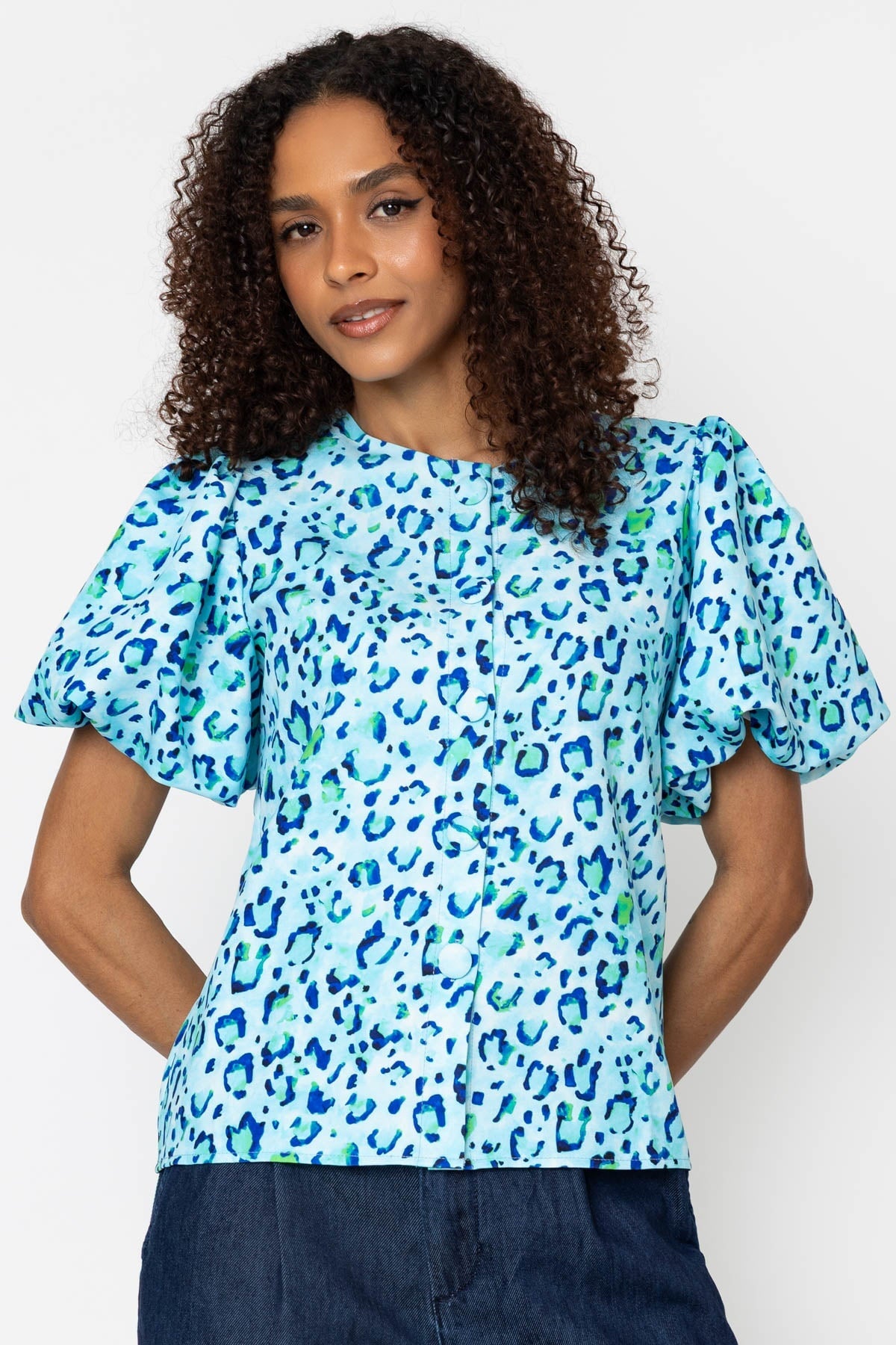 Aqua Blue Print Tara Short Sleeve Blouse
