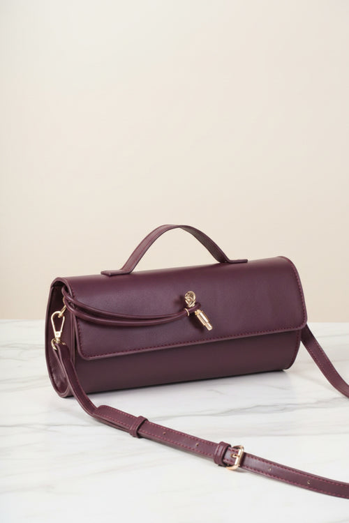 Burgundy Faux Leather Top Handle Long Rectangle Clutch Bag