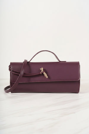 Burgundy Faux Leather Top Handle Long Rectangle Clutch Bag
