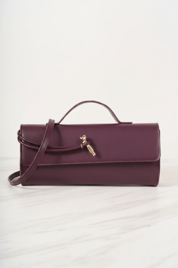 Burgundy Faux Leather Top Handle Long Rectangle Clutch Bag