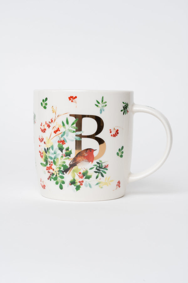 Carraig Donn B Christmas Robin Leaf New Bone China Alphabet Mug