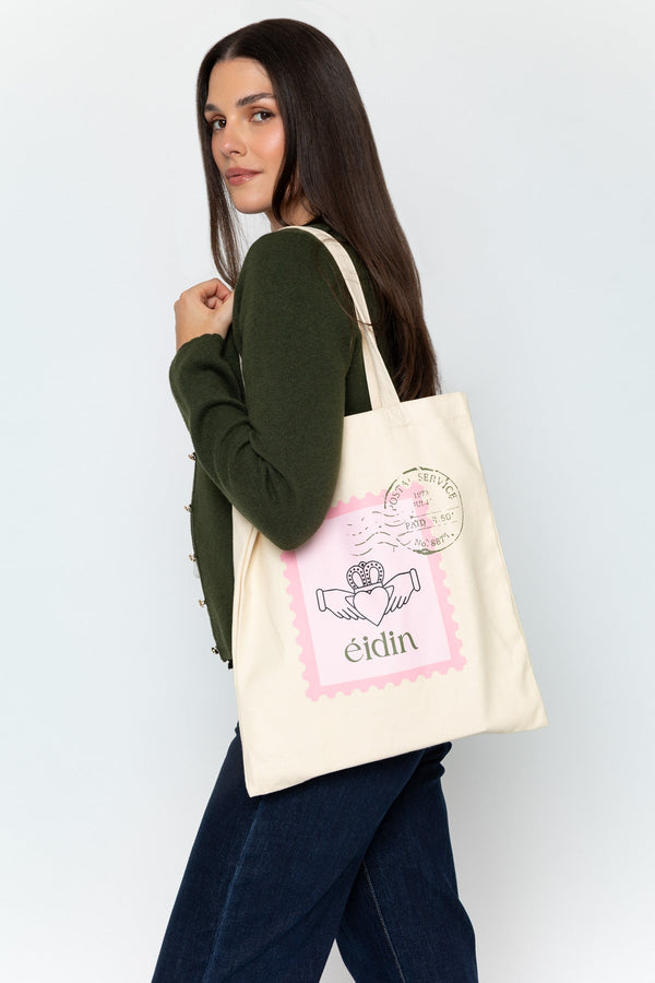 Carraig Donn Beige Canvas Claddagh Stamp Print Tote Bag