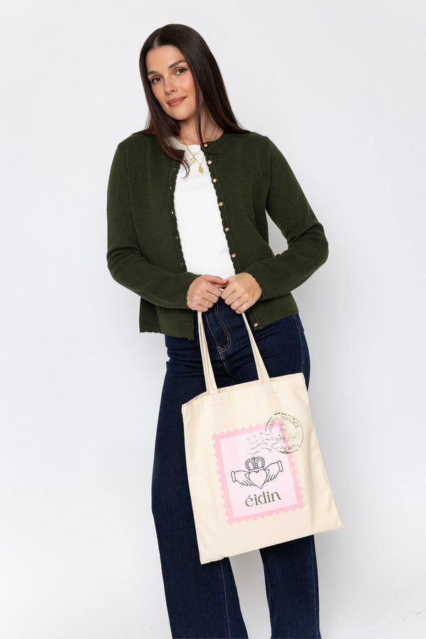 Carraig Donn Beige Canvas Claddagh Stamp Print Tote Bag