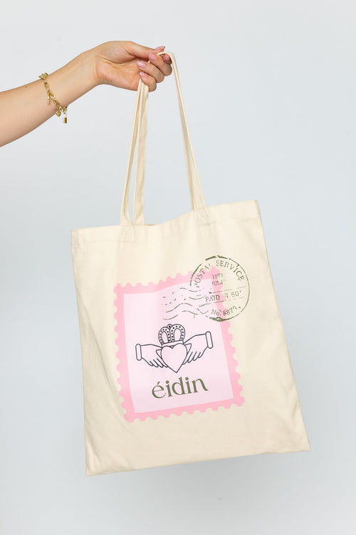 Beige Canvas Claddagh Stamp Print Tote Bag