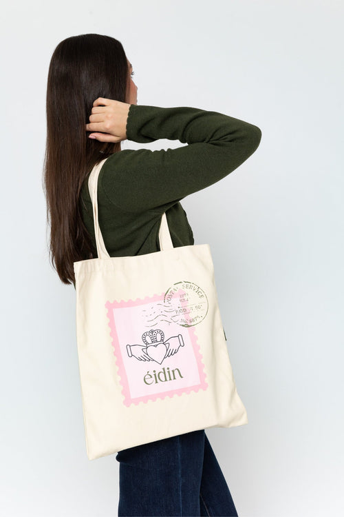 Carraig Donn Beige Canvas Claddagh Stamp Print Tote Bag
