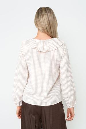 Carraig Donn Beige Check Print Lyocell Blend Ruffle Front V-Neck Long Sleeve Blouse