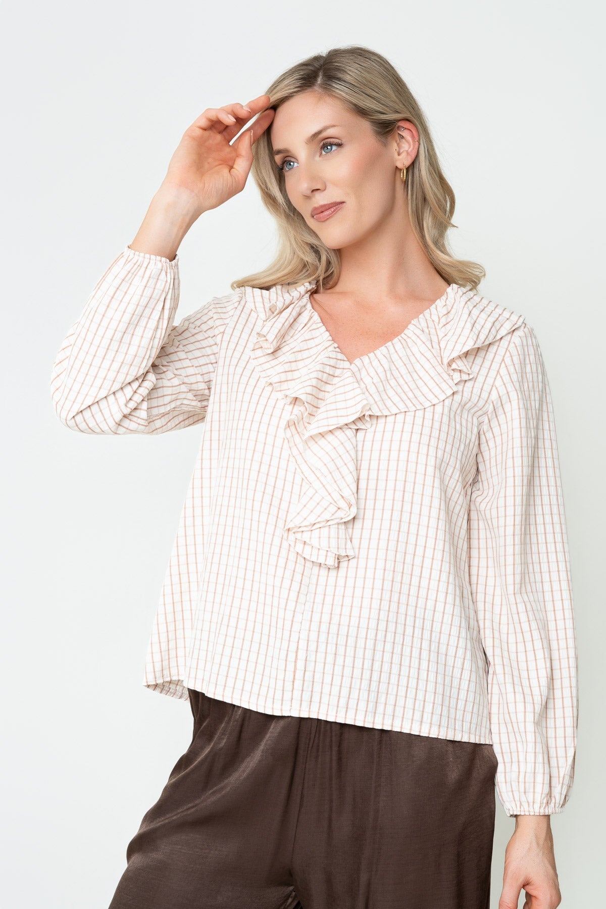 Beige Check Print Lyocell Blend Ruffle Front V-Neck Long Sleeve Blouse
