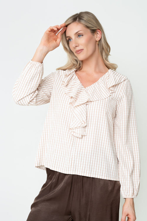 Beige Check Print Lyocell Blend Ruffle Front V-Neck Long Sleeve Blouse