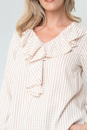 Carraig Donn Beige Check Print Lyocell Blend Ruffle Front V-Neck Long Sleeve Blouse