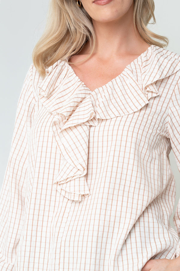 Carraig Donn Beige Check Print Lyocell Blend Ruffle Front V-Neck Long Sleeve Blouse