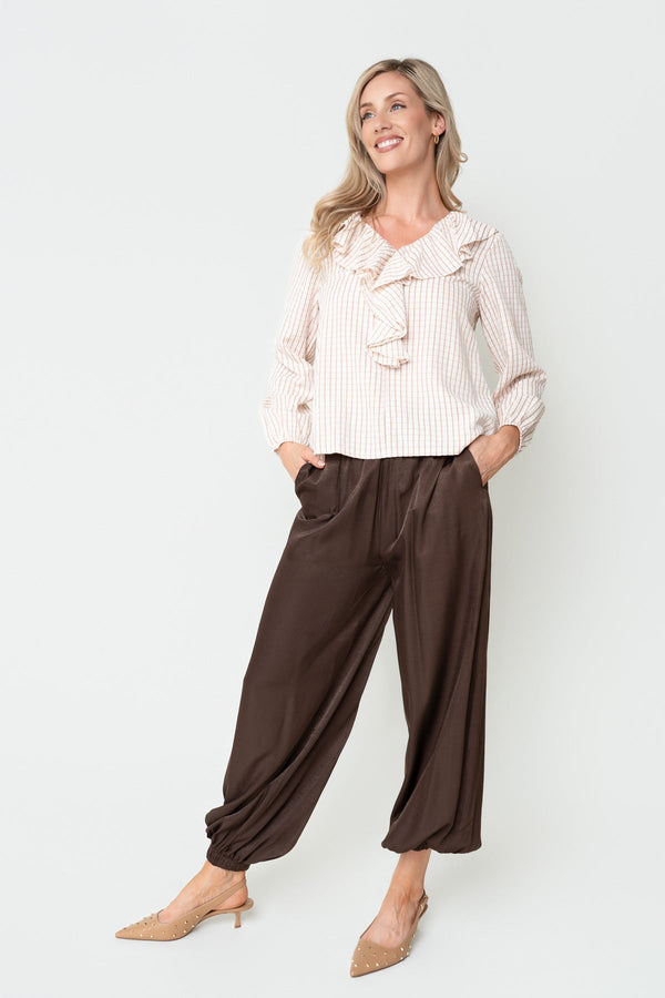 Carraig Donn Beige Check Print Lyocell Blend Ruffle Front V-Neck Long Sleeve Blouse