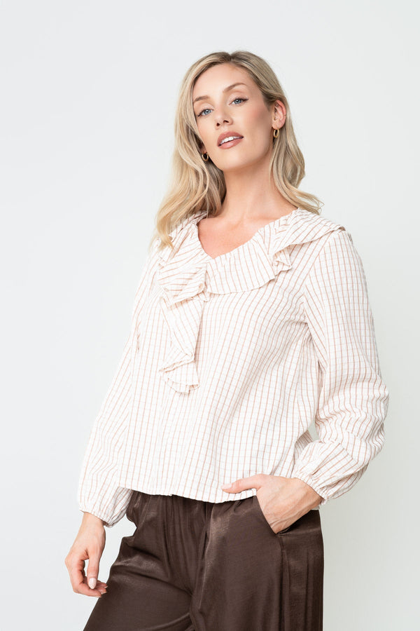Carraig Donn Beige Check Print Lyocell Blend Ruffle Front V-Neck Long Sleeve Blouse
