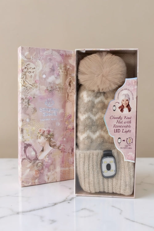 Beige Chunky Knit LED Light Pom Pom Beanie Hat