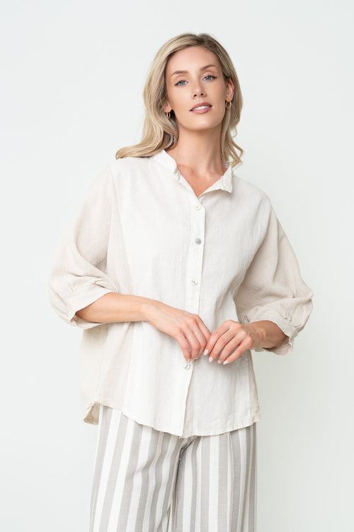 Beige Cotton Linen Blend Oversized 3/4 Sleeve Blouse