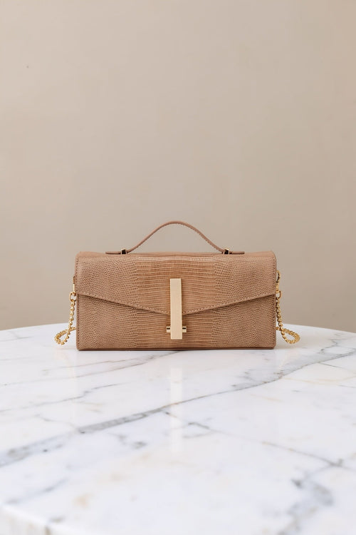 Beige Faux Leather Baguette Clutch Bag