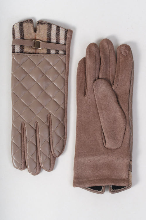 Beige Faux Leather Check Trim Quilted Gloves