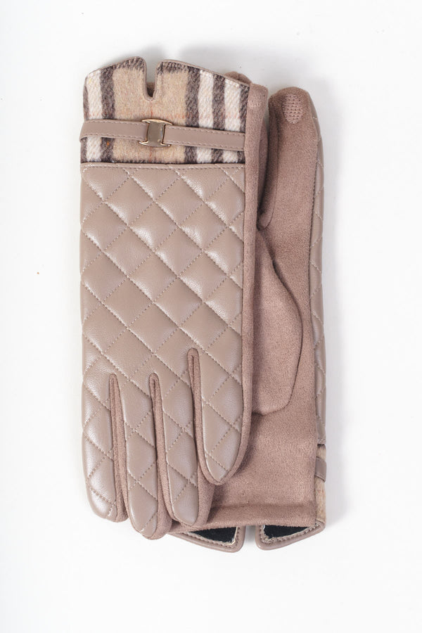 Carraig Donn Beige Faux Leather Check Trim Quilted Gloves