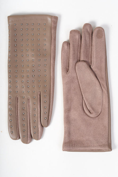 Beige Faux Leather Front Silver Stud Detail Gloves
