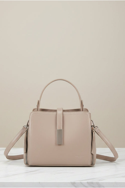Beige Faux Leather Metal Detail Top Handle Tote Bag