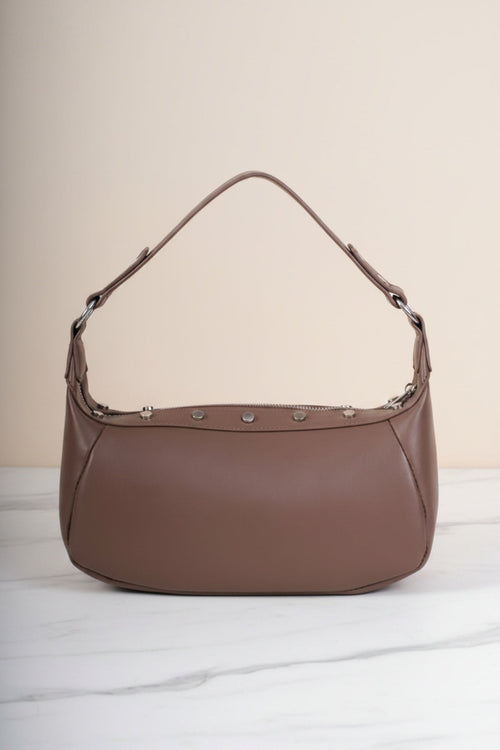 Dark Beige Faux Leather Stud Detail Shoulder Bag
