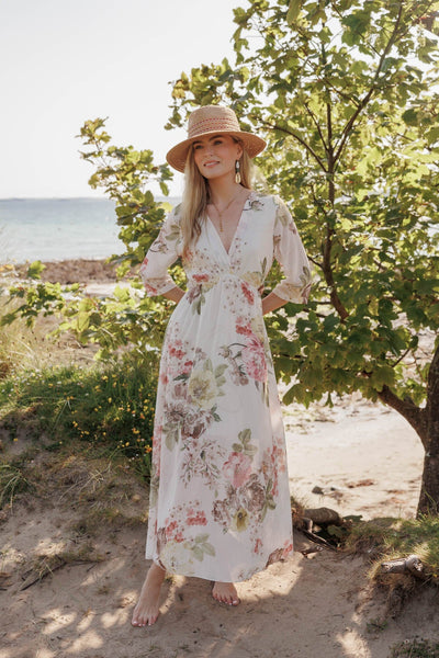 Beige Floral Print Empire Waist Midi Dress