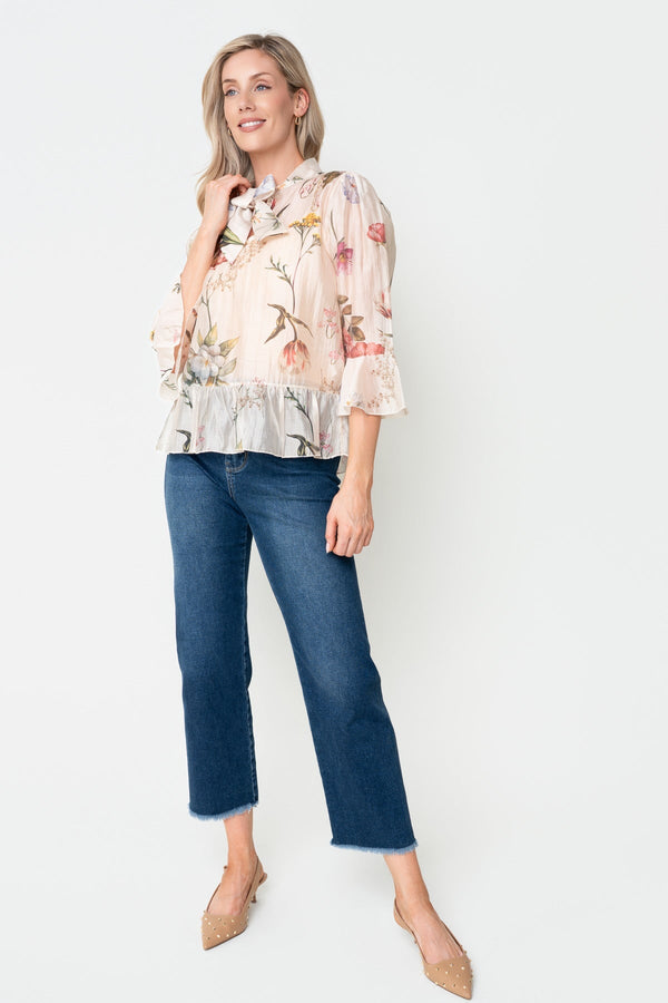 Carraig Donn Beige Floral Print Sheer Lyocell Pussybow 3/4 Sleeve Blouse