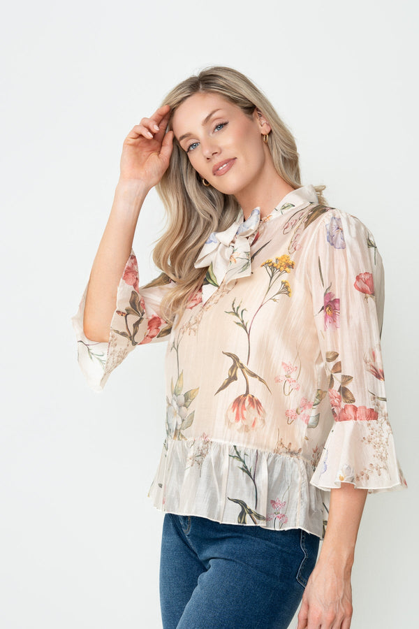 Carraig Donn Beige Floral Print Sheer Lyocell Pussybow 3/4 Sleeve Blouse