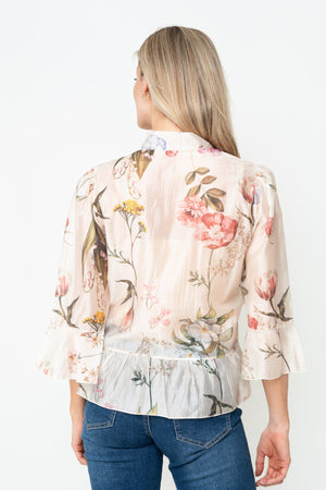 Carraig Donn Beige Floral Print Sheer Lyocell Pussybow 3/4 Sleeve Blouse