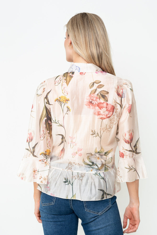 Carraig Donn Beige Floral Print Sheer Lyocell Pussybow 3/4 Sleeve Blouse